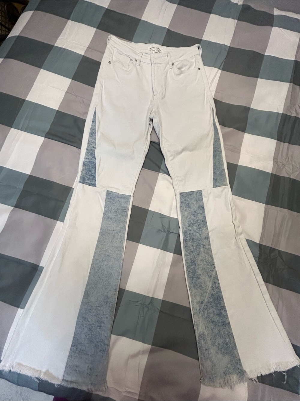 White Patch-Panel Flare Jeans with Acid-Trim